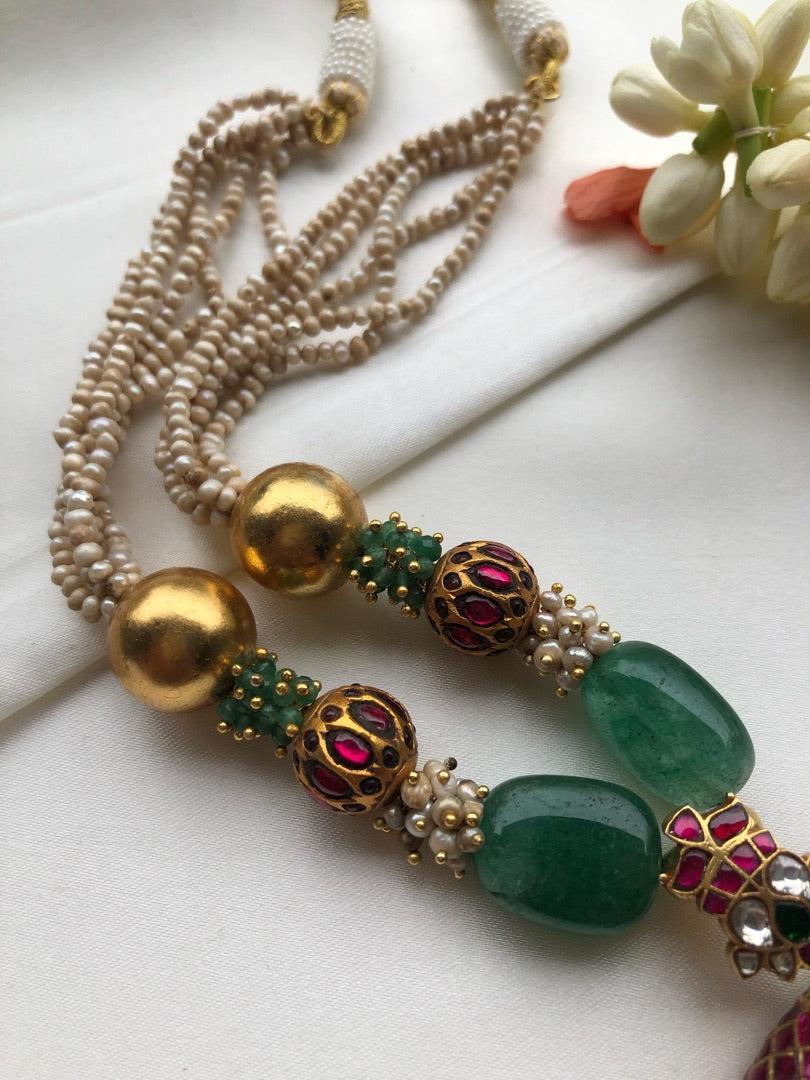 Antique pearls with kundan ruby & green beads with Tai tai pendant-Silver Neckpiece-PL-House of Taamara