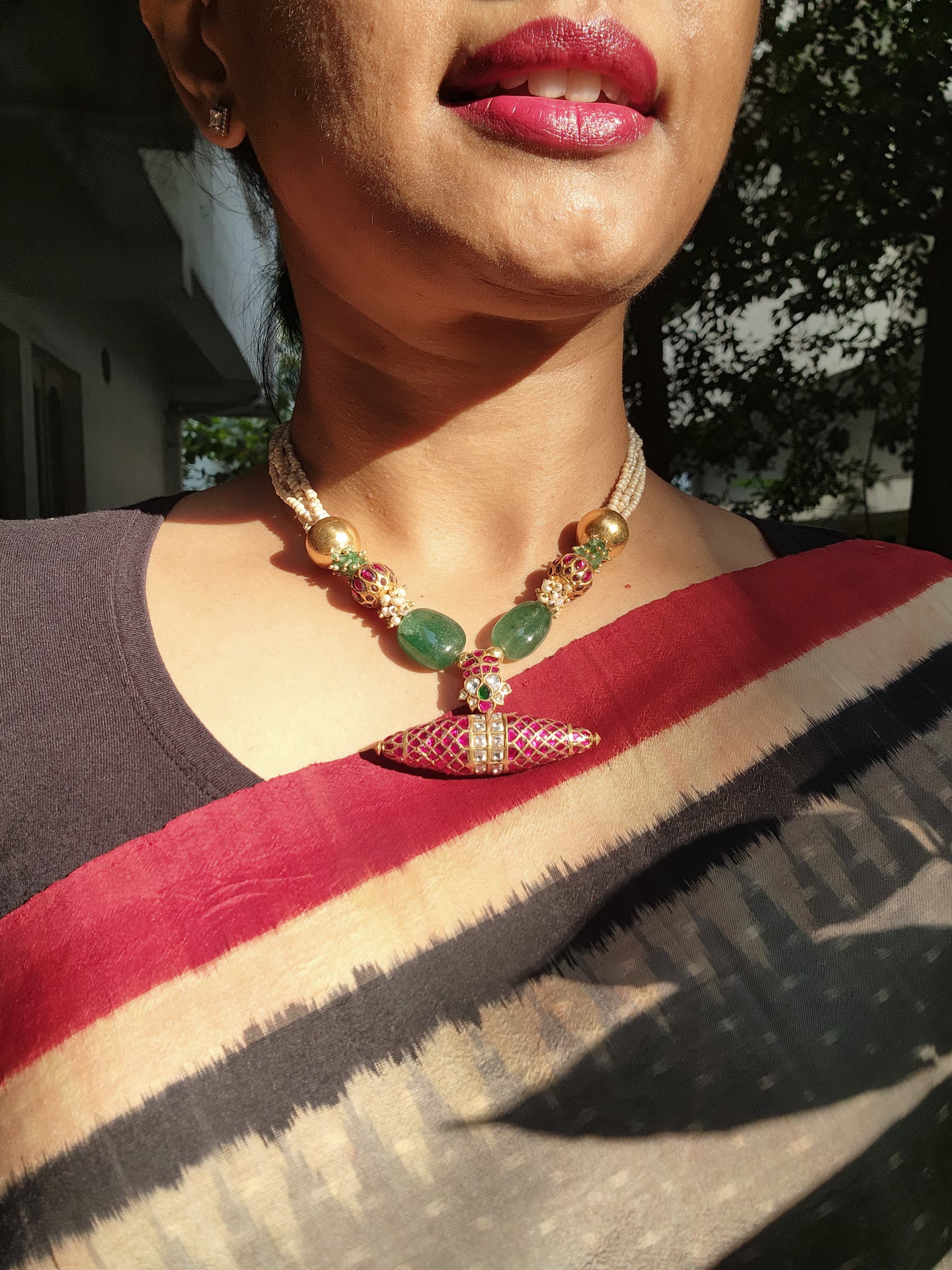 Antique pearls with kundan ruby & green beads with Tai tai pendant-Silver Neckpiece-PL-House of Taamara