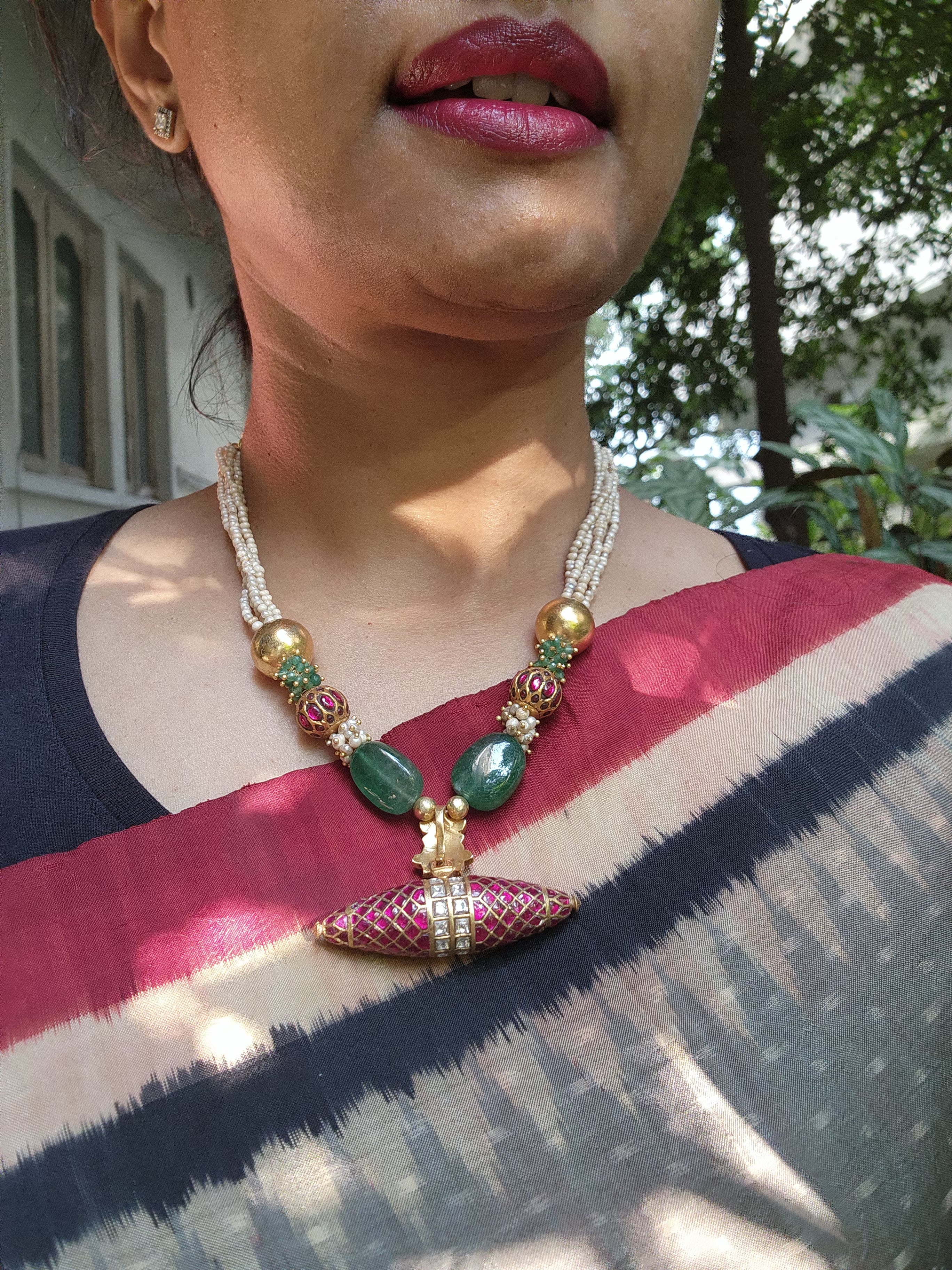 Antique pearls with kundan ruby & green beads with Tai tai pendant-Silver Neckpiece-PL-House of Taamara