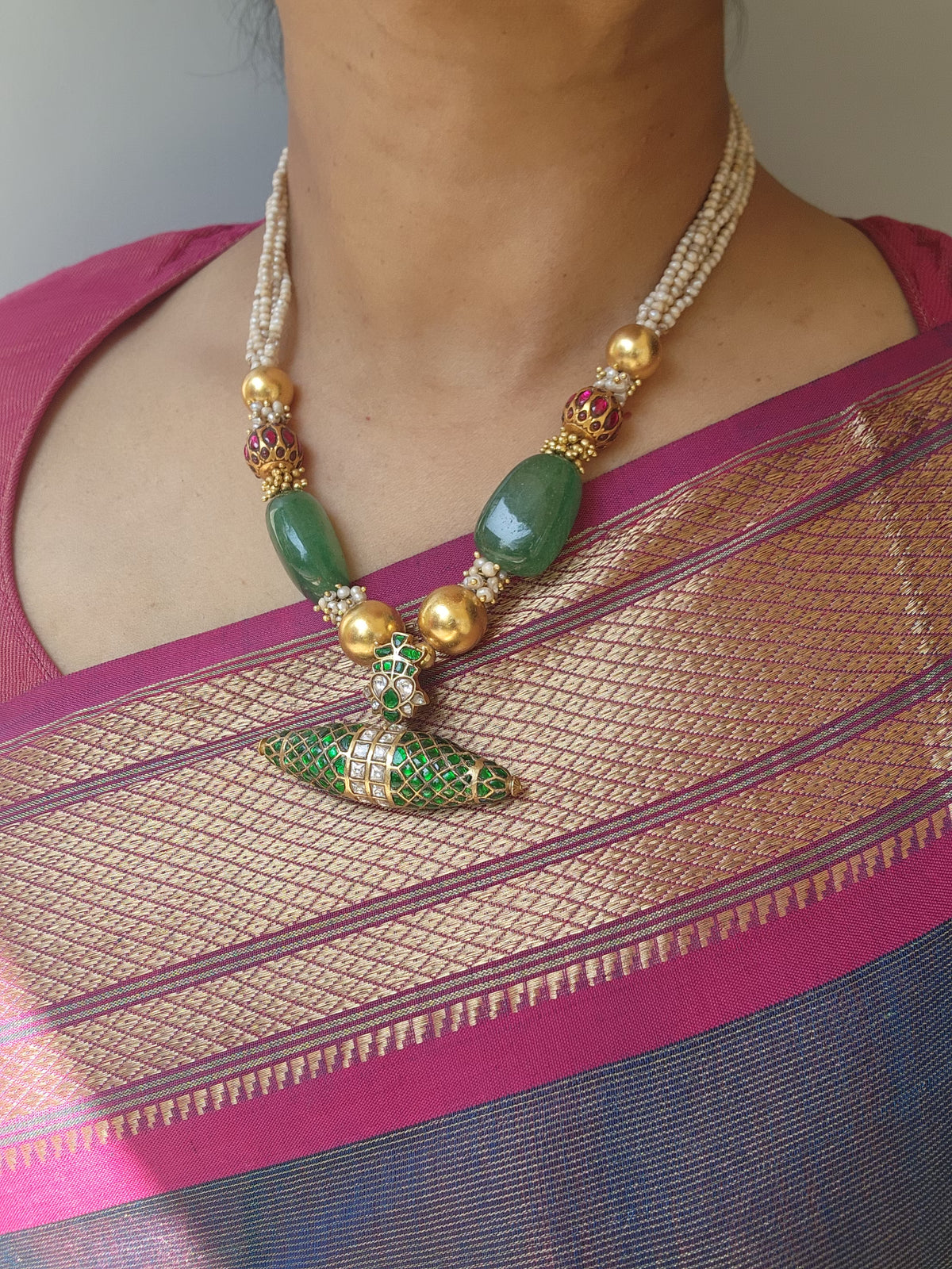 Antique pearls with kundan ruby & green beads with Tai tai pendant-Silver Neckpiece-PL-House of Taamara