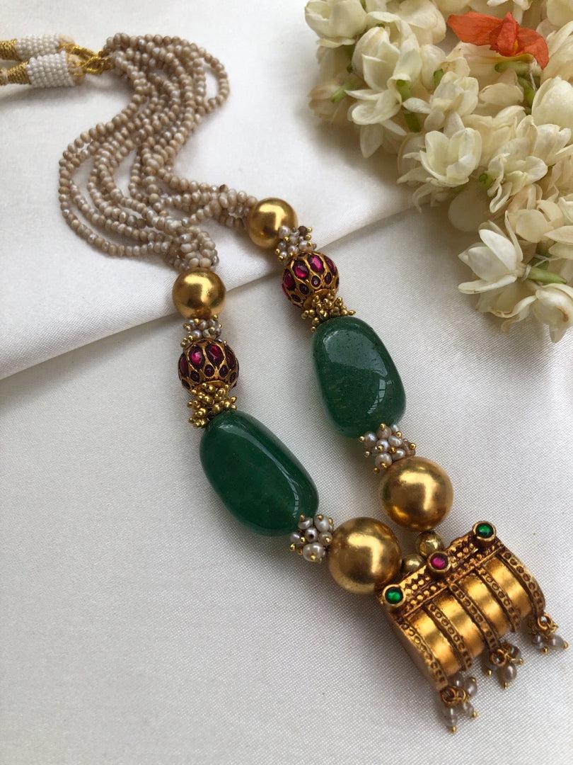 Antique pendant with green beads, gold gundu beads & pearls mala-Silver Neckpiece-PL-House of Taamara