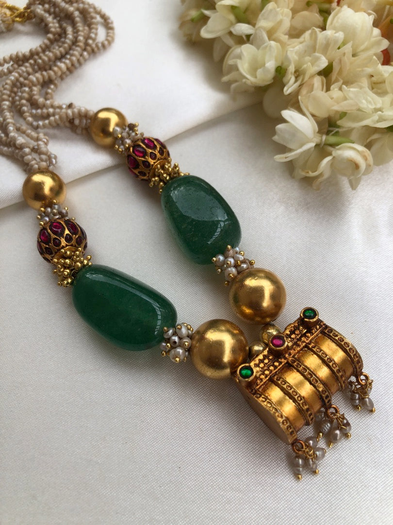 Antique pendant with green beads, gold gundu beads & pearls mala-Silver Neckpiece-PL-House of Taamara