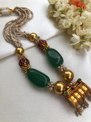 Antique pendant with green beads, gold gundu beads & pearls mala-Silver Neckpiece-PL-House of Taamara