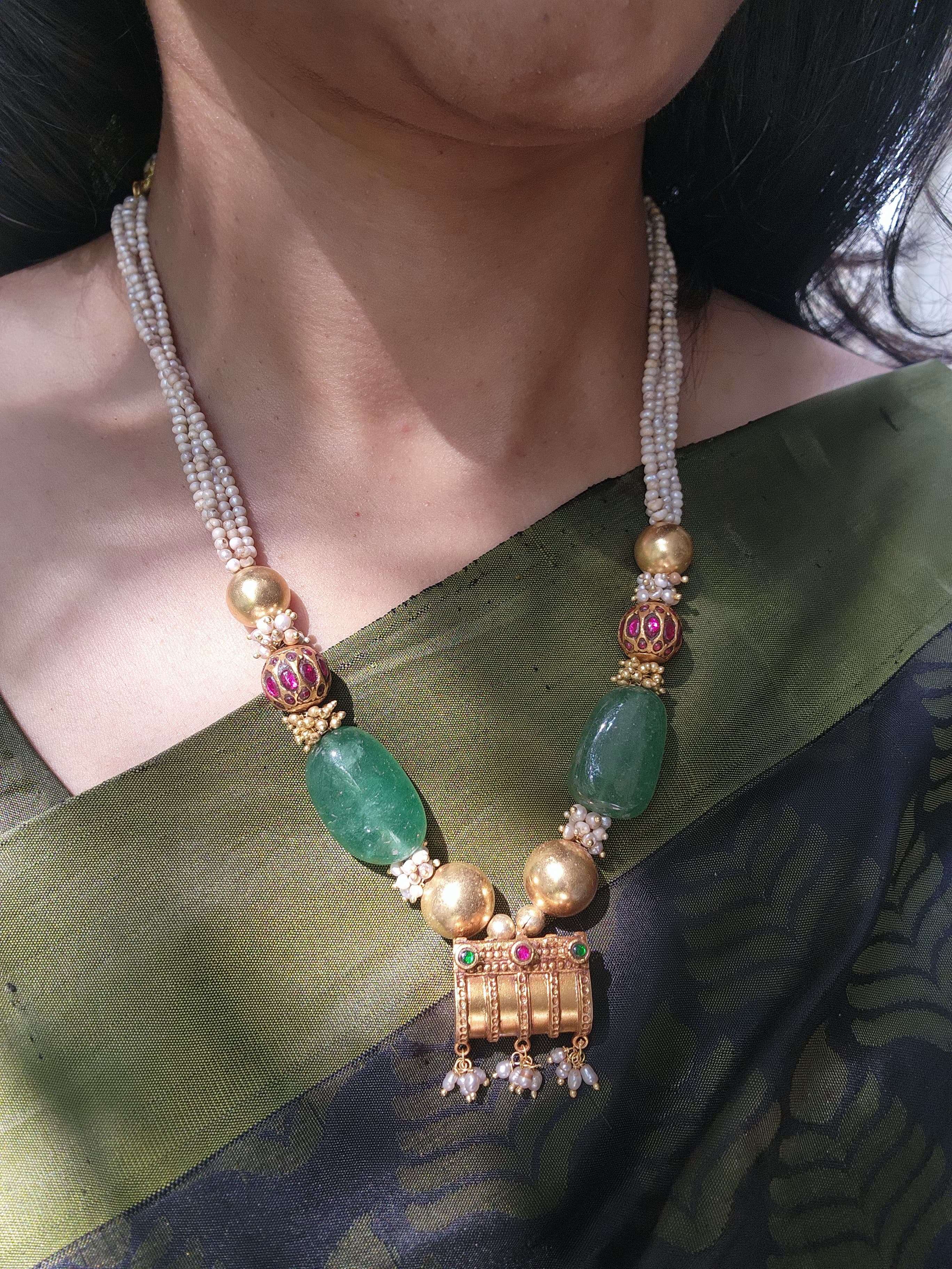 Antique pendant with green beads, gold gundu beads & pearls mala-Silver Neckpiece-PL-House of Taamara