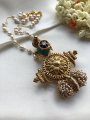 Antique polish blue kundan pendant with pearls mala-Silver Neckpiece-pl-House of Taamara