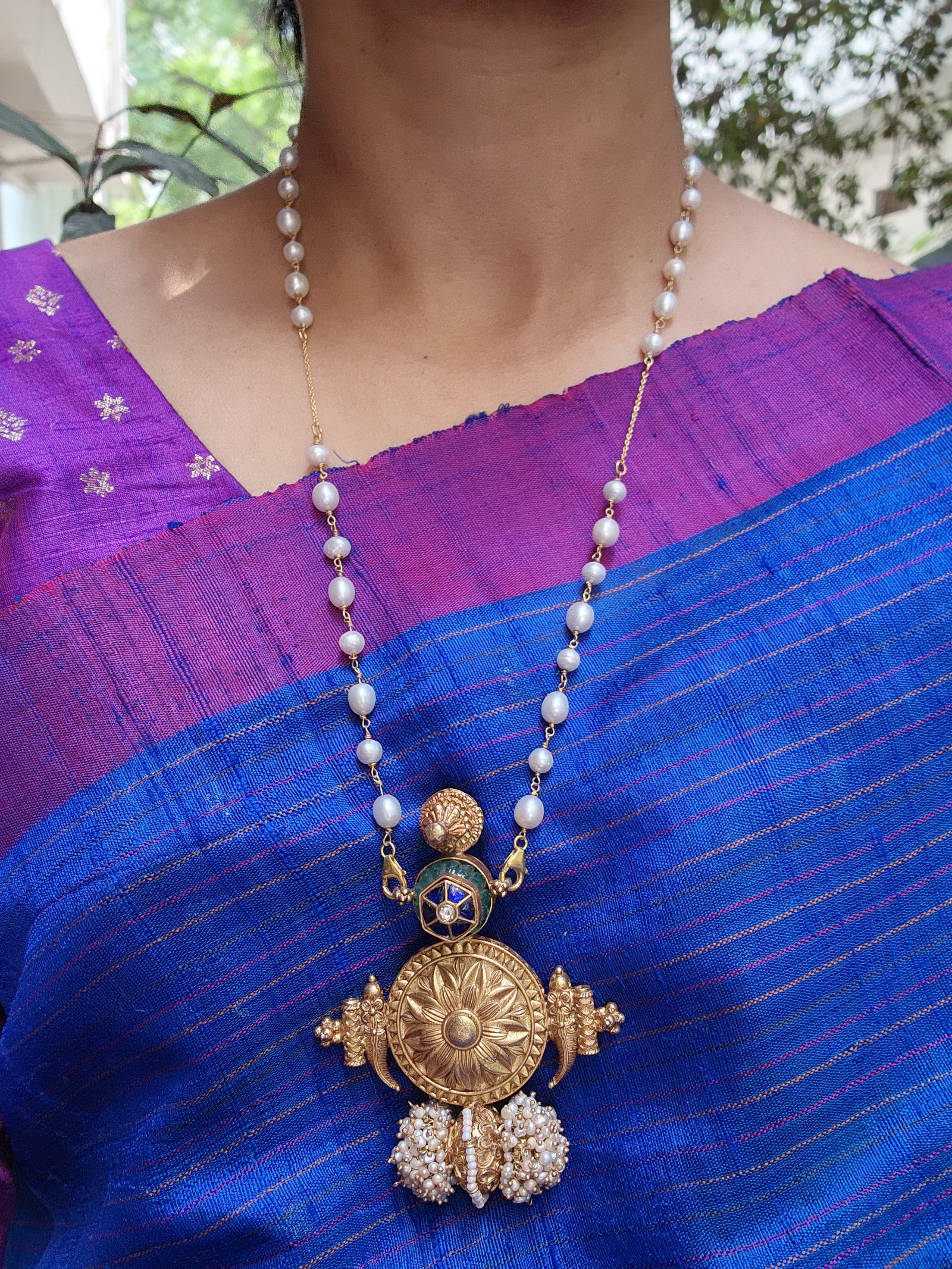 Antique polish blue kundan pendant with pearls mala-Silver Neckpiece-pl-House of Taamara