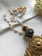 Antique polish blue kundan pendant with pearls mala-Silver Neckpiece-pl-House of Taamara