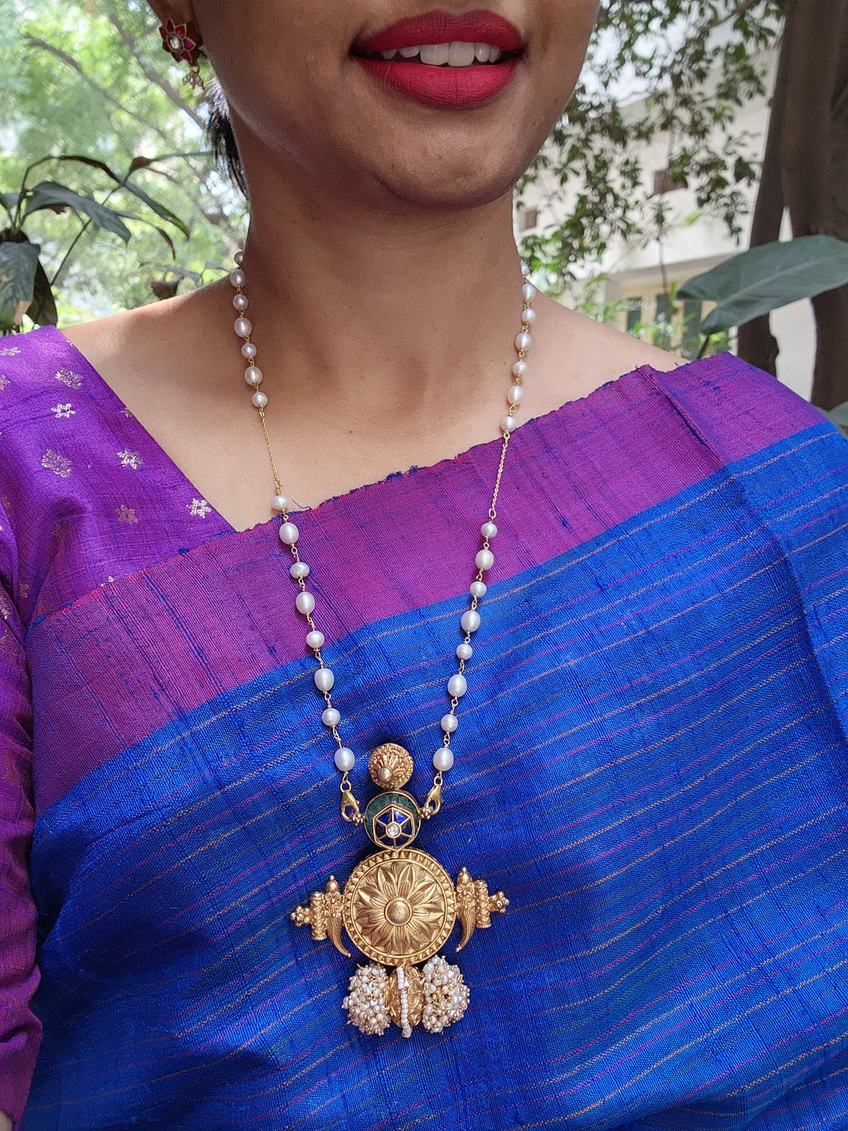 Antique polish blue kundan pendant with pearls mala-Silver Neckpiece-pl-House of Taamara