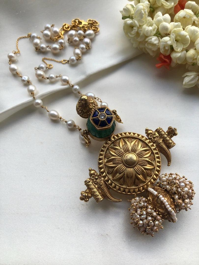 Antique polish blue kundan pendant with pearls mala-Silver Neckpiece-pl-House of Taamara