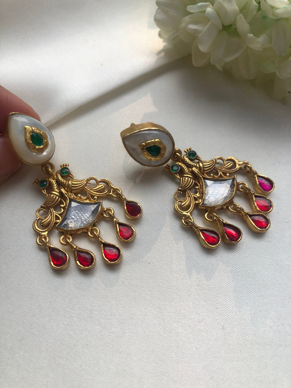 Antique polish earrings with green kundans and ruby pearl drops-Earrings-PL-House of Taamara