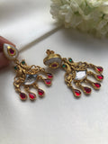 Antique polish earrings with ruby kundans and ruby pearl drops-Earrings-PL-House of Taamara