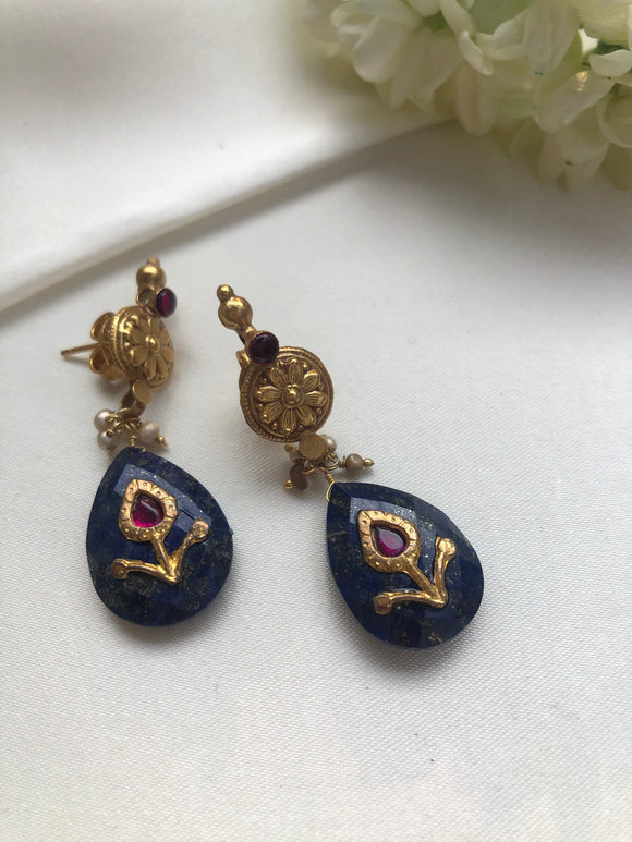 Antique polish flower earrings with blue lapis drops-Earrings-PL-House of Taamara