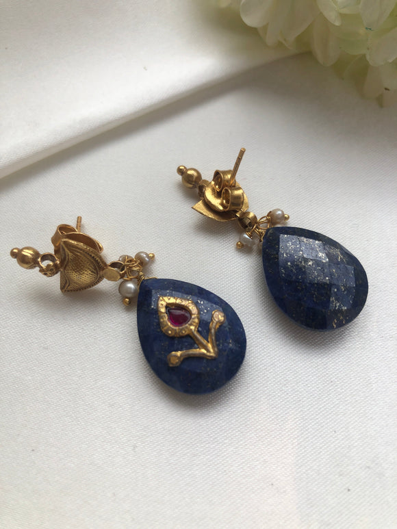 Antique polish half circle earrings with blue lapis drops-Earrings-PL-House of Taamara
