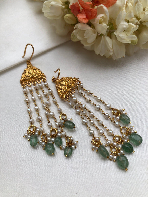 Antique polish hook earrings with long pearls & aventurine green beads-Earrings-PL-House of Taamara