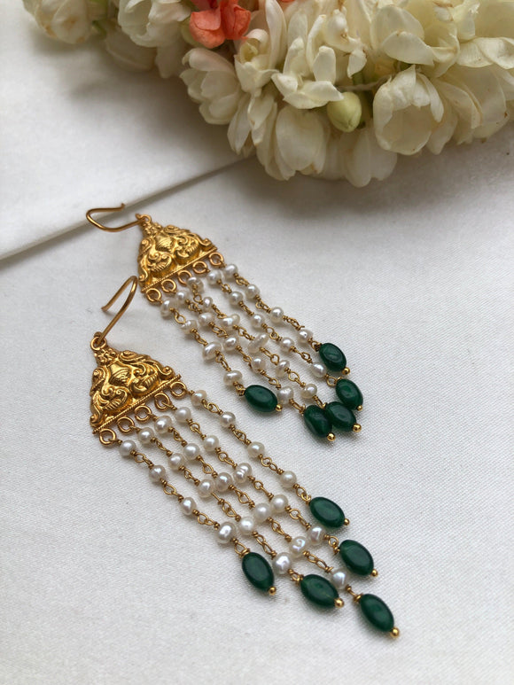 Antique polish hook earrings with long pearls & green beads-Earrings-PL-House of Taamara