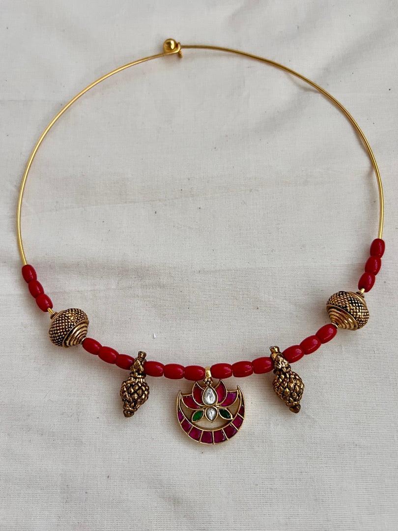 Antique polish kundan, ruby & emerald pendant with coral beads hasli-Silver Neckpiece-CI-House of Taamara