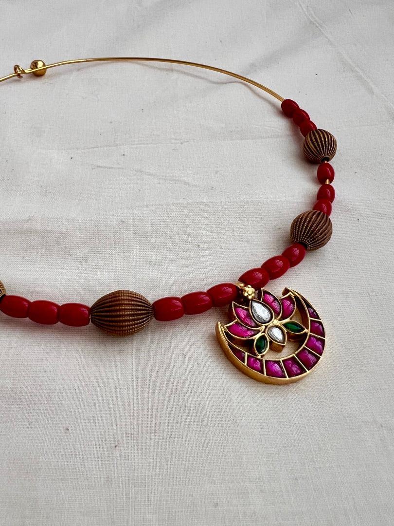 Antique polish kundan, ruby & emerald pendant with coral beads hasli-Silver Neckpiece-CI-House of Taamara
