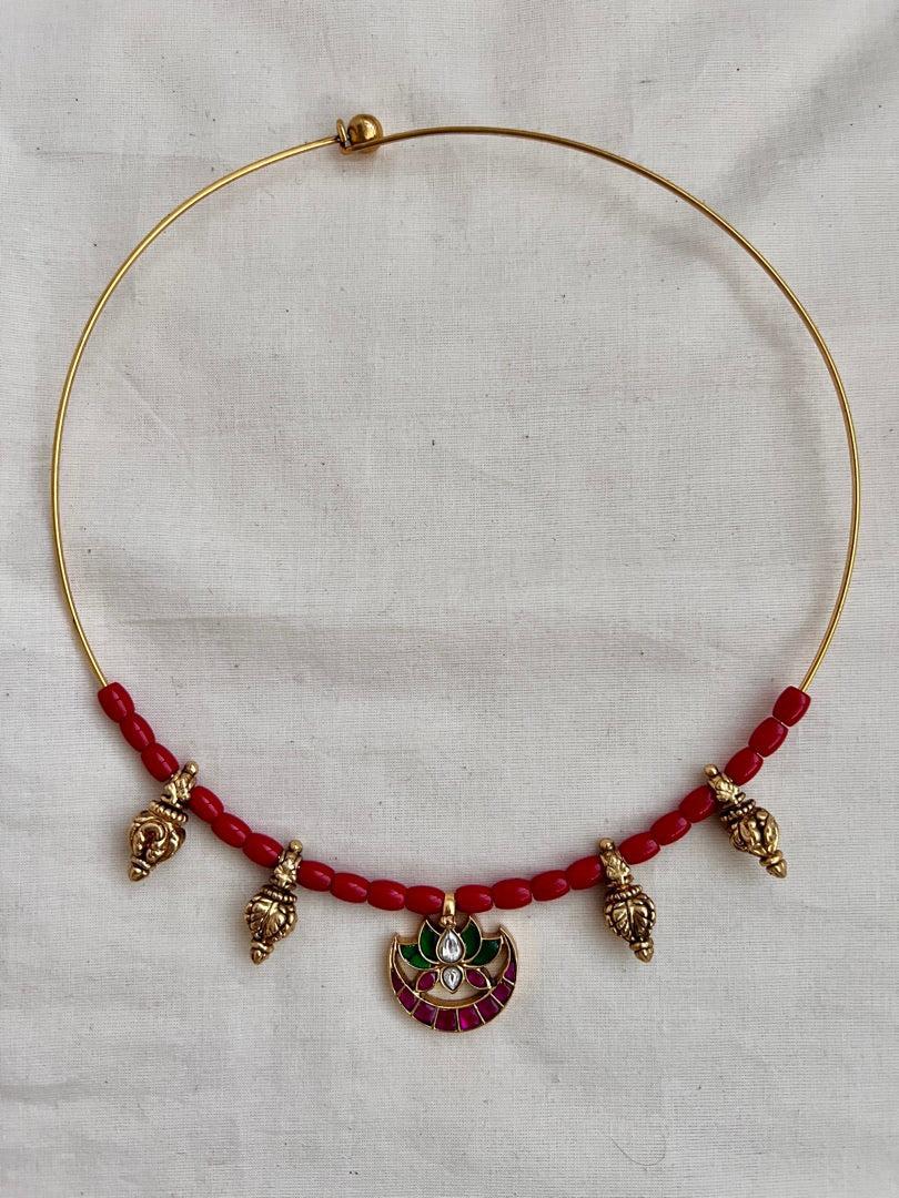 Antique polish kundan, ruby & emerald pendant with coral beads hasli-Silver Neckpiece-CI-House of Taamara