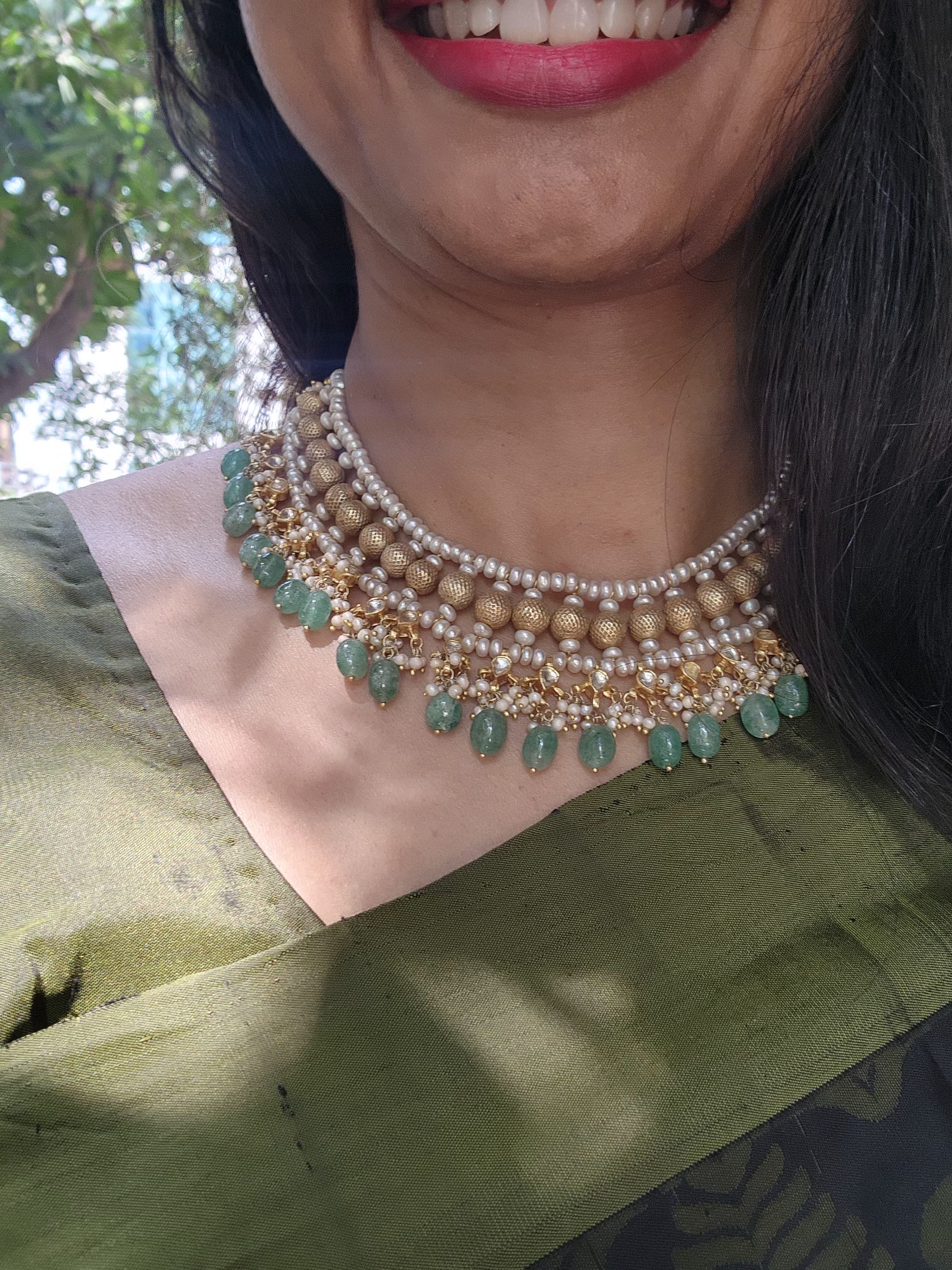 Antique polish kundan style choker/necklace with gold & green beads with pearls-Silver Neckpiece-PL-House of Taamara