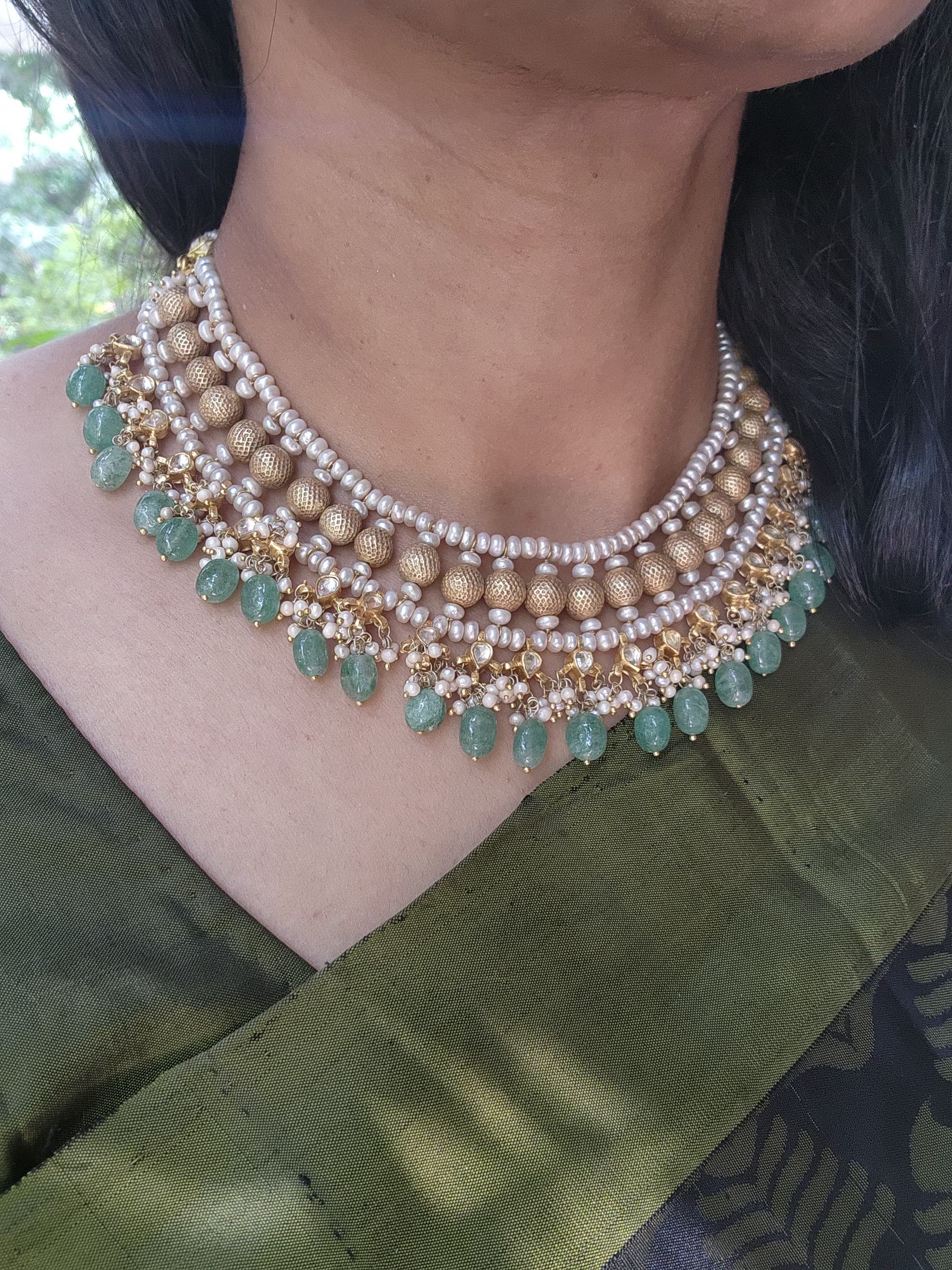 Antique polish kundan style choker/necklace with gold & green beads with pearls-Silver Neckpiece-PL-House of Taamara