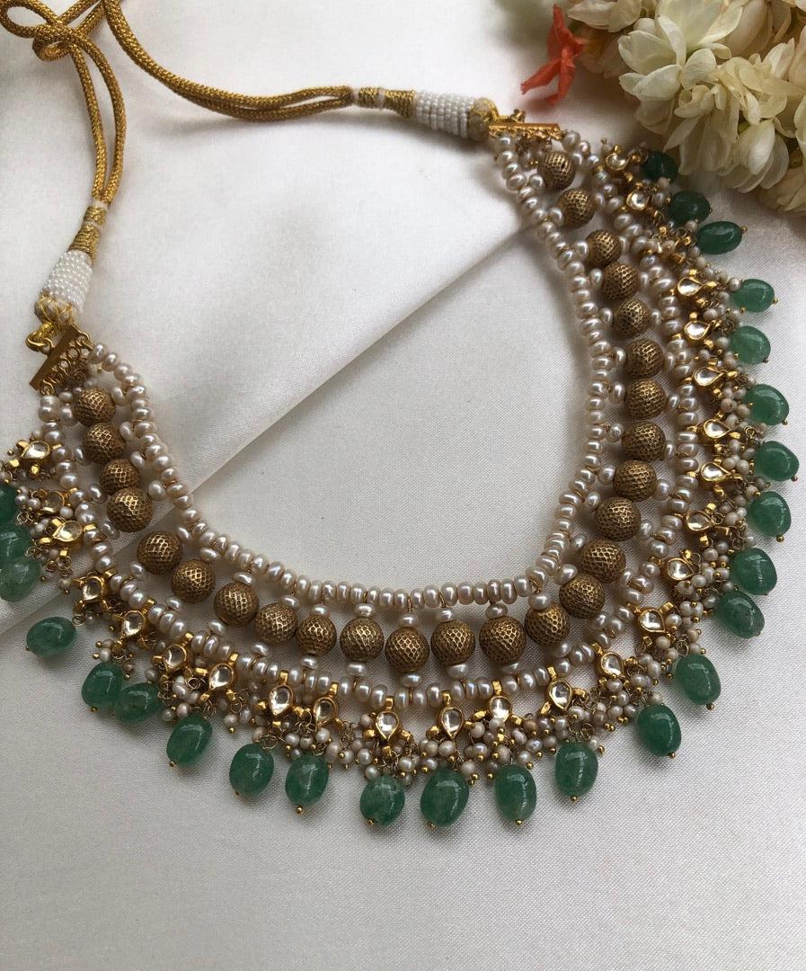 Antique polish kundan style choker/necklace with gold & green beads with pearls-Silver Neckpiece-PL-House of Taamara