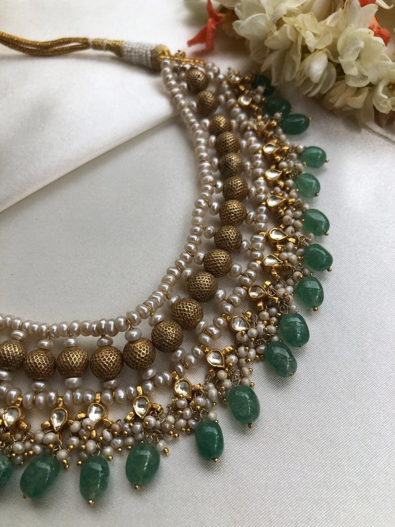 Antique polish kundan style choker/necklace with gold & green beads with pearls-Silver Neckpiece-PL-House of Taamara