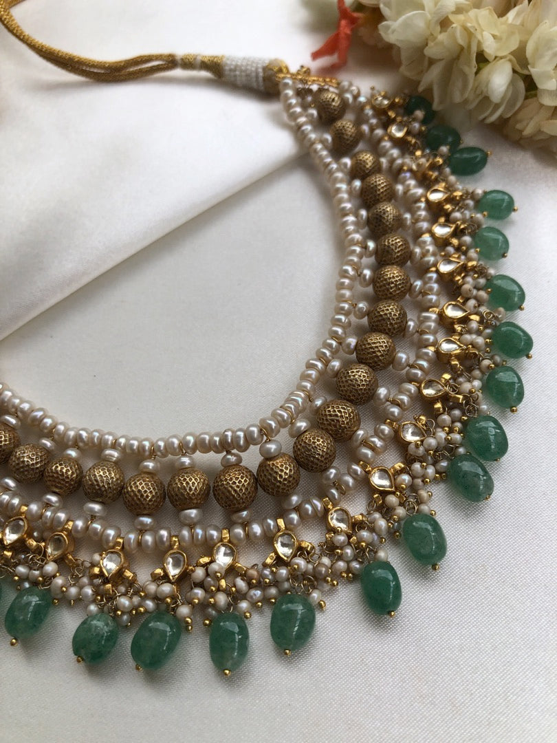 Antique polish kundan style choker/necklace with gold & green beads with pearls-Silver Neckpiece-PL-House of Taamara