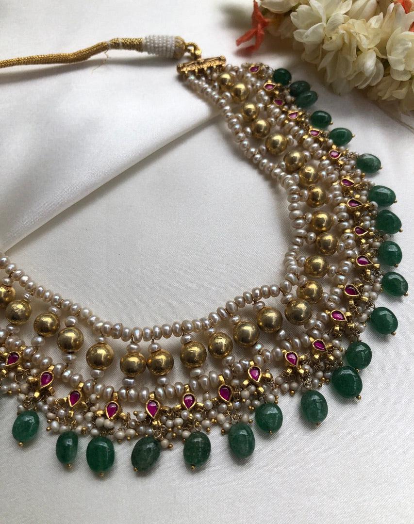 Antique polish kundan style necklace with green beads, ruby drops & pearls-Silver Neckpiece-PL-House of Taamara