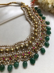 Antique polish kundan style necklace with green beads, ruby drops & pearls-Silver Neckpiece-PL-House of Taamara