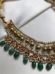 Antique polish kundan style necklace with green beads, ruby drops & pearls-Silver Neckpiece-PL-House of Taamara