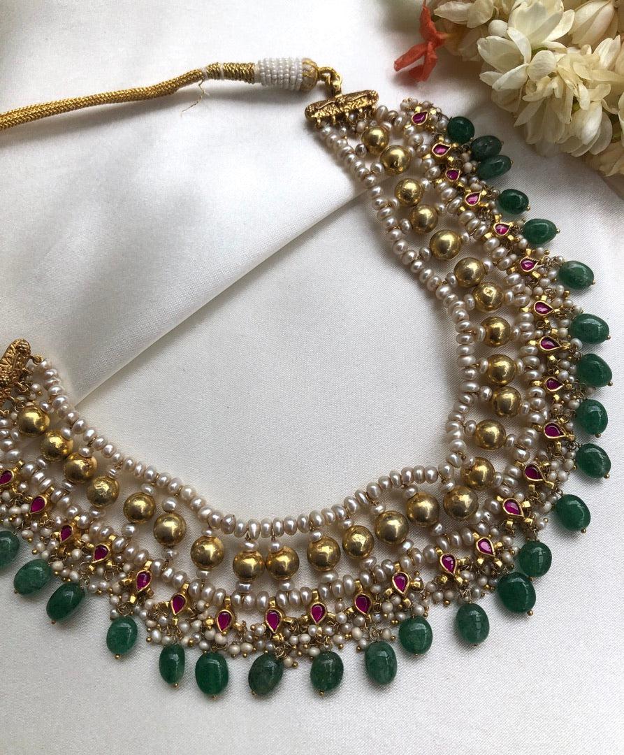 Antique polish kundan style necklace with green beads, ruby drops & pearls-Silver Neckpiece-PL-House of Taamara