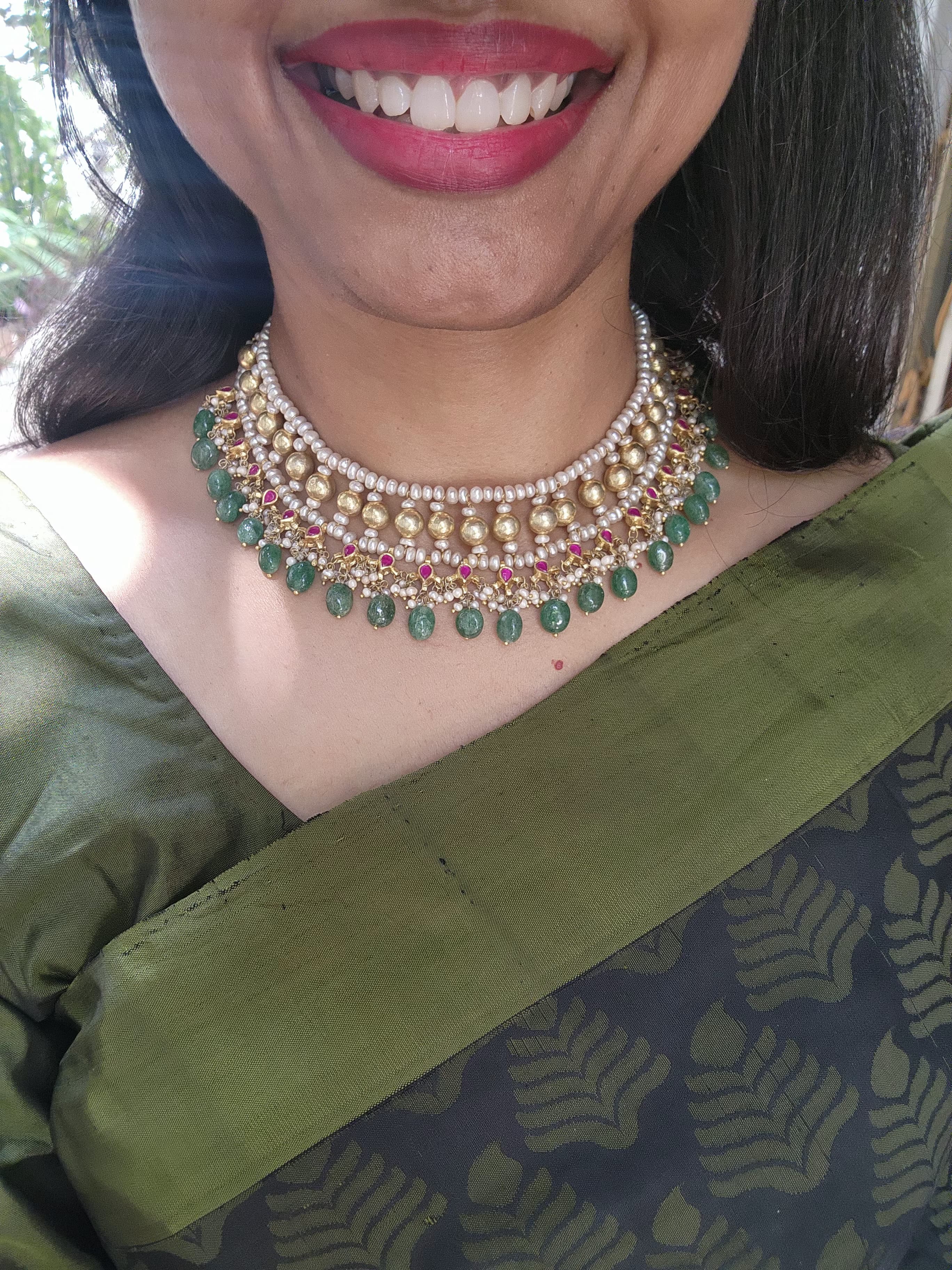 Antique polish kundan style necklace with green beads, ruby drops & pearls-Silver Neckpiece-PL-House of Taamara