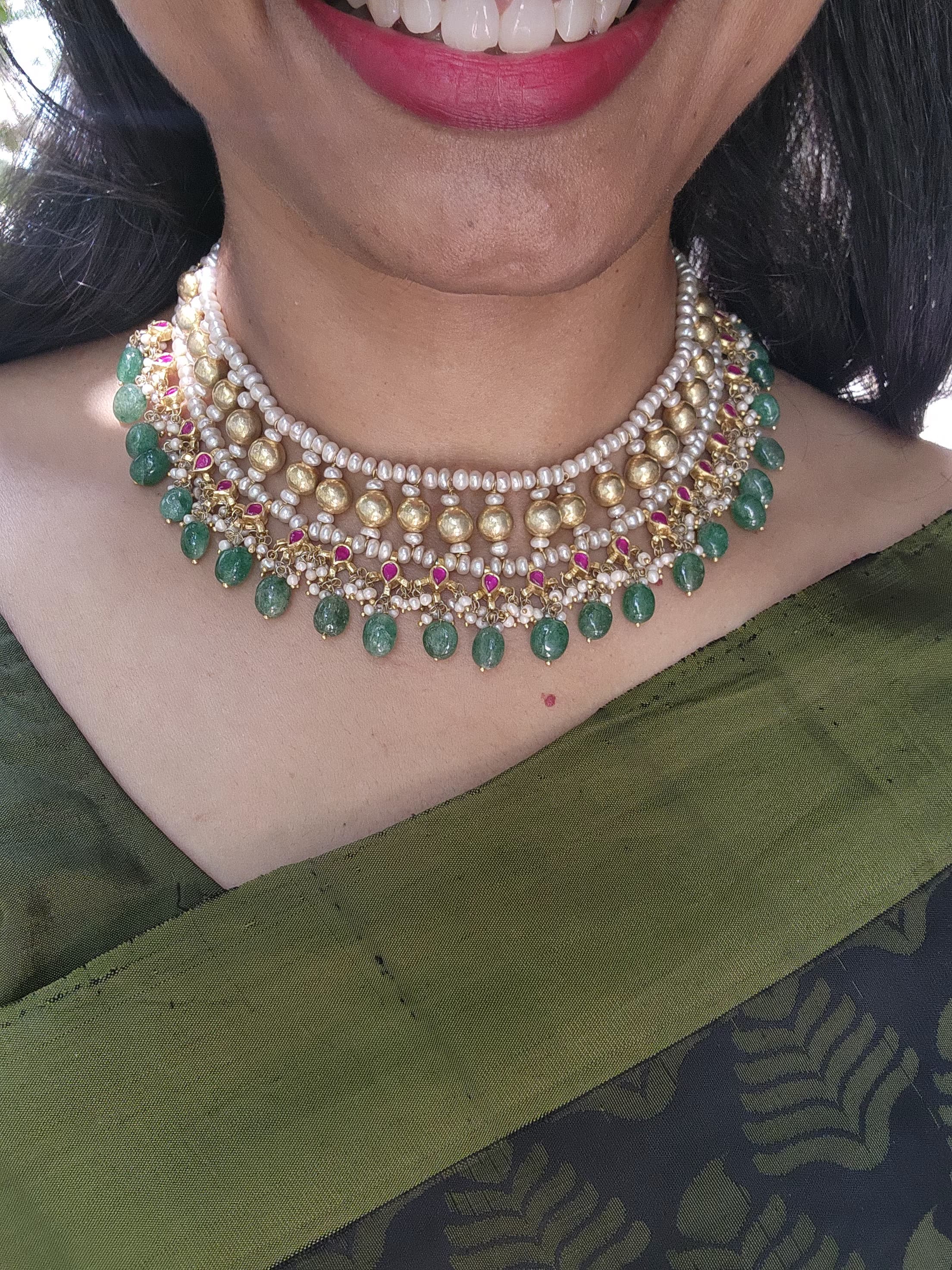 Antique polish kundan style necklace with green beads, ruby drops & pearls-Silver Neckpiece-PL-House of Taamara