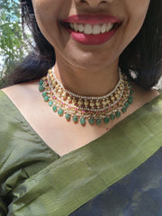 Antique polish kundan style necklace with green beads, ruby drops & pearls-Silver Neckpiece-PL-House of Taamara