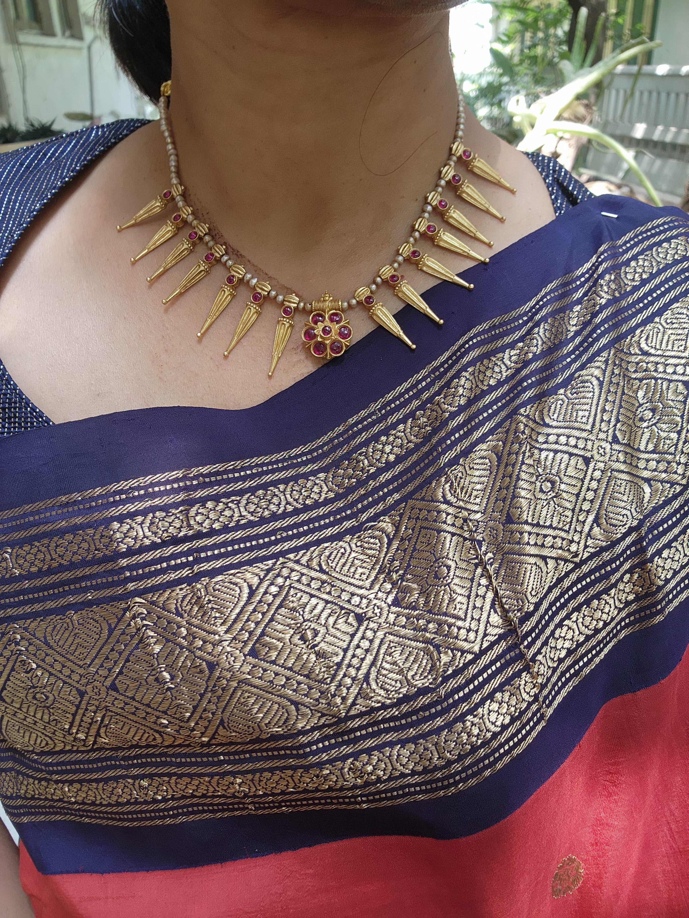Antique polish motifs with pearls mala-Silver Neckpiece-PL-House of Taamara