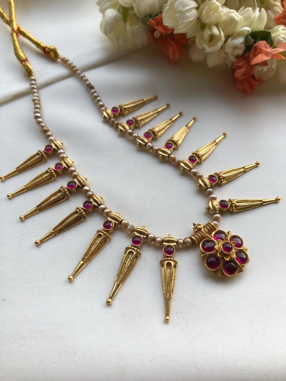 Antique polish motifs with pearls mala-Silver Neckpiece-PL-House of Taamara