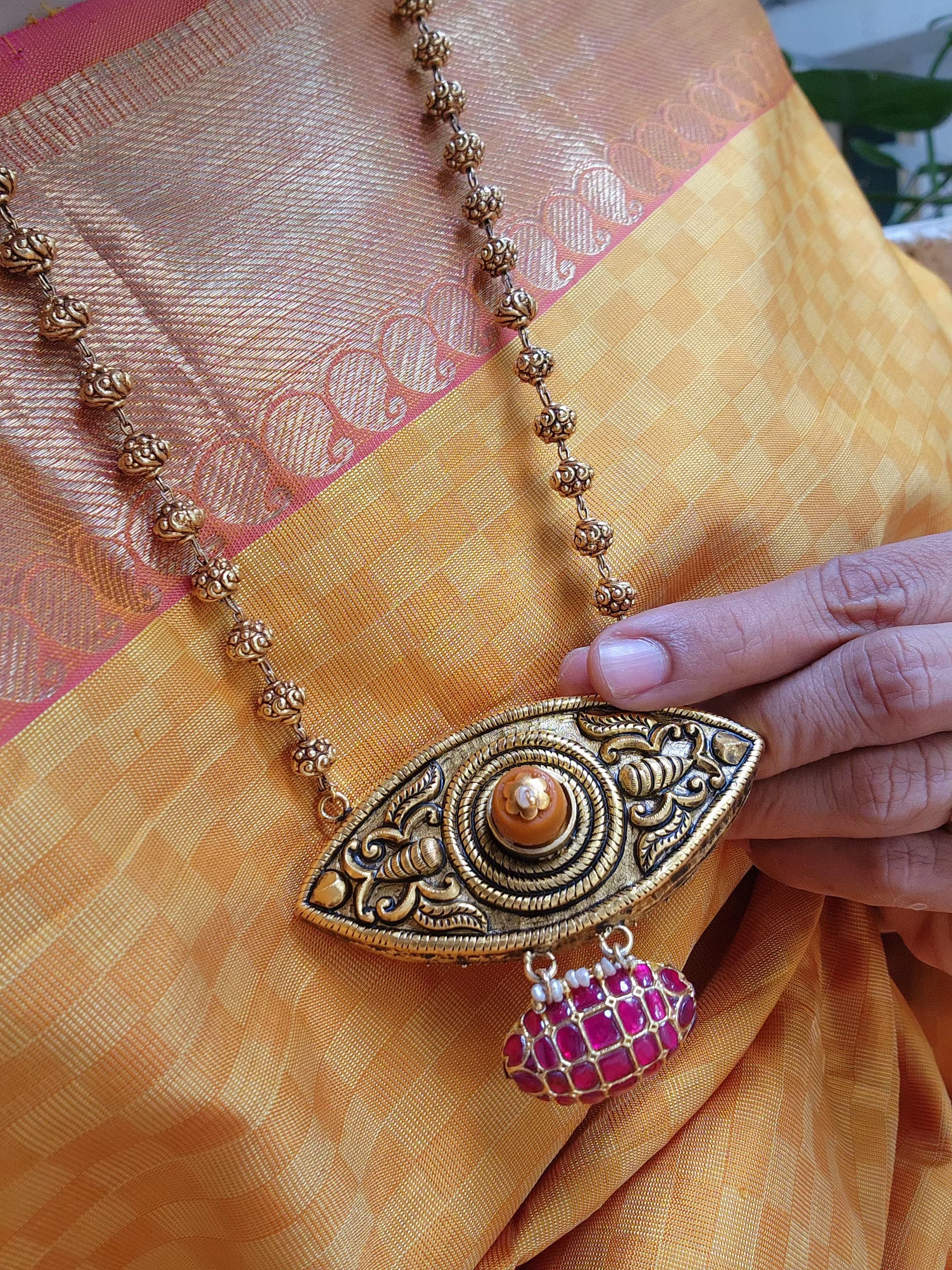 Antique polish nakash pendant with kundan ruby & coral, gundu beads mala-Silver Neckpiece-PL-House of Taamara