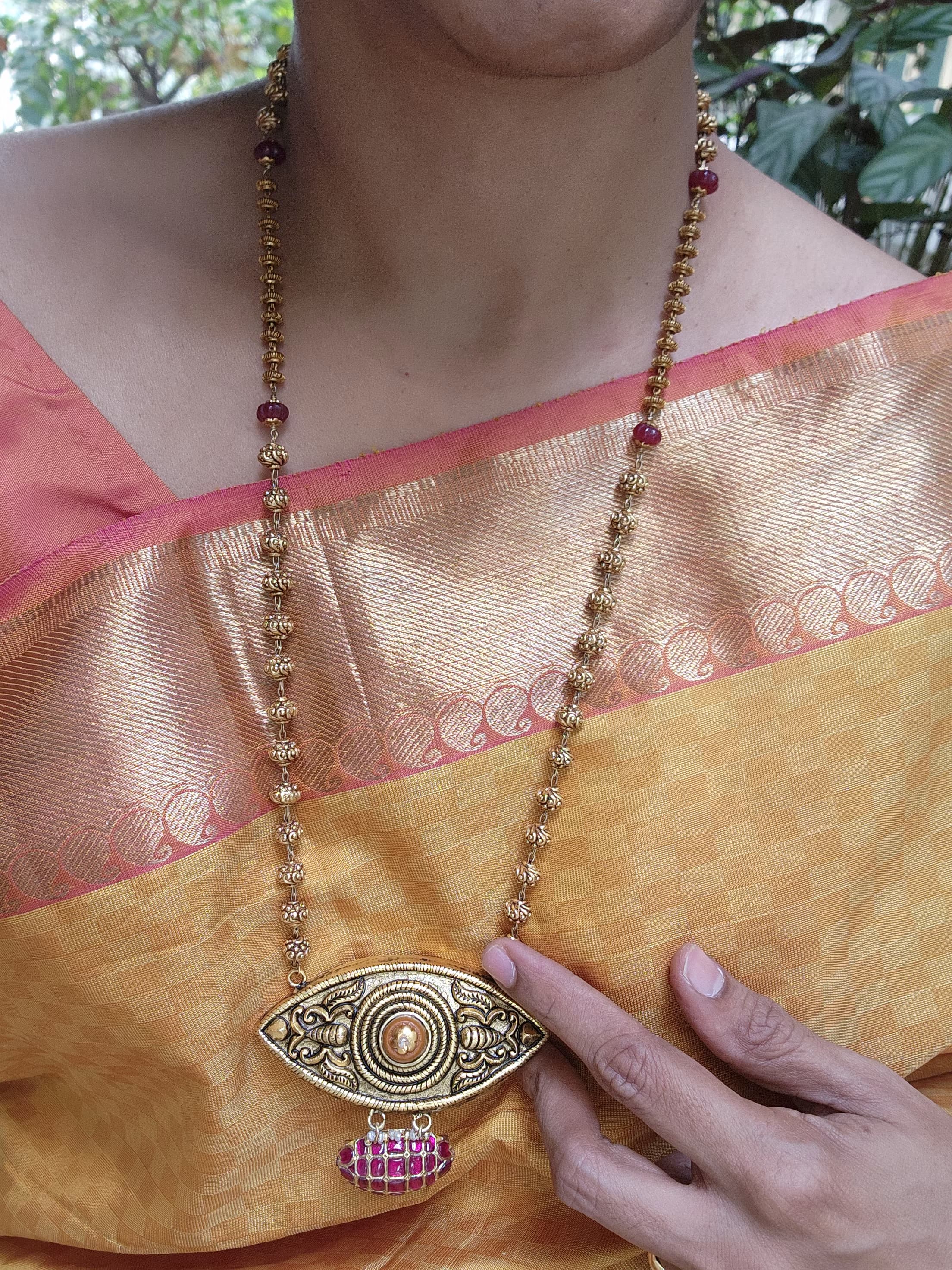 Antique polish nakash pendant with kundan ruby & coral, gundu beads mala-Silver Neckpiece-PL-House of Taamara