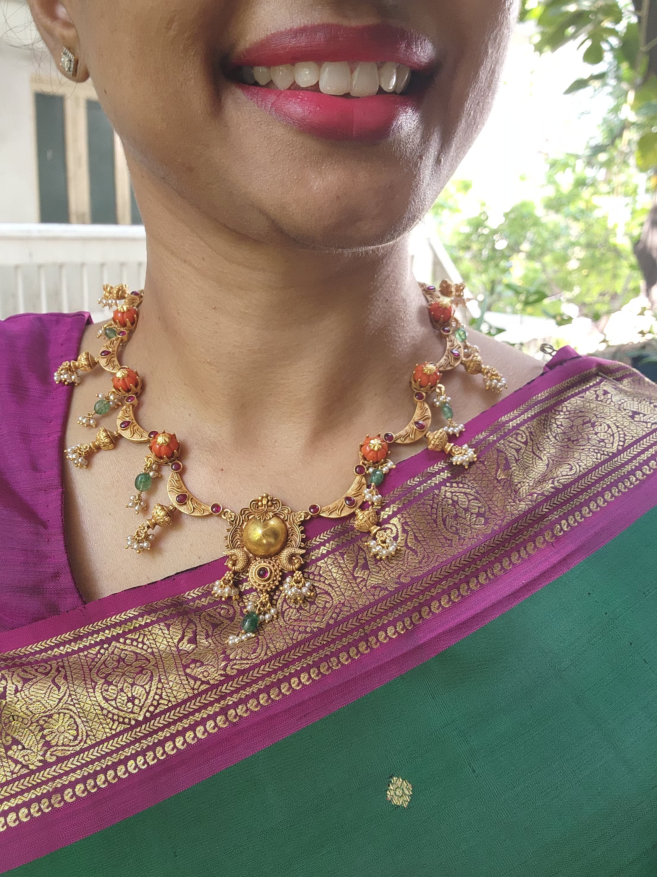 Antique polish necklace with coral and pearls bunch-Silver Neckpiece-PL-House of Taamara