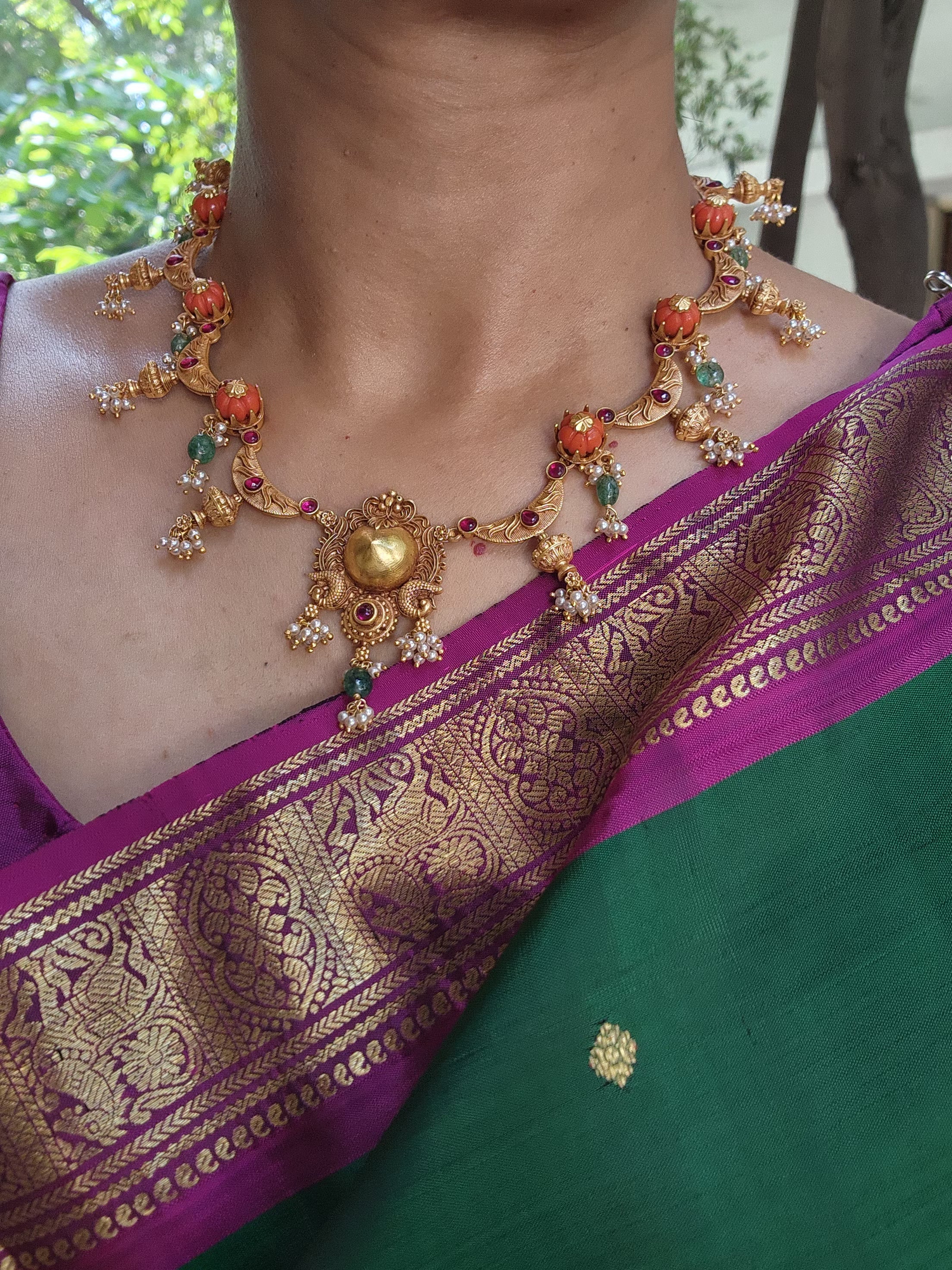 Antique polish necklace with coral and pearls bunch-Silver Neckpiece-PL-House of Taamara