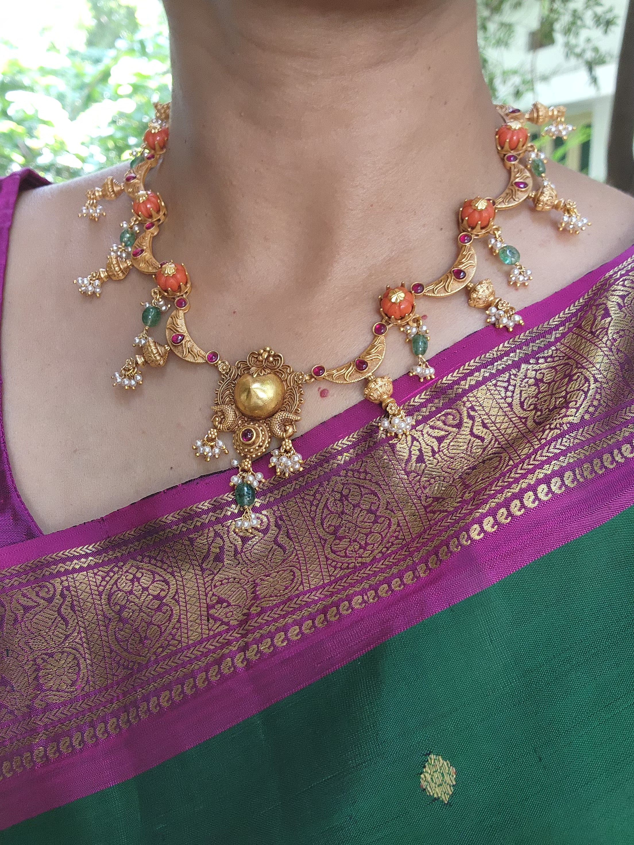Antique polish necklace with coral and pearls bunch-Silver Neckpiece-PL-House of Taamara