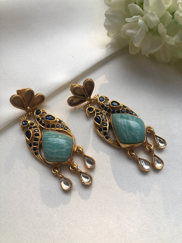 Antique polish peacock earrings with turquoise & blue stones-Earrings-PL-House of Taamara