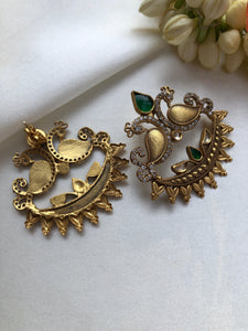 Antique polish peacock with green kundan earrings-Earrings-PL-House of Taamara