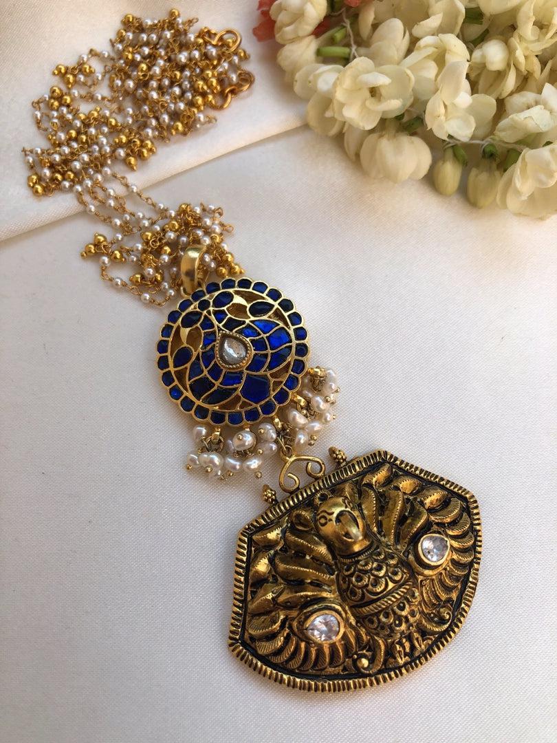 Antique polish peacock with kundan blue pendant with pearls chain-Silver Neckpiece-PL-House of Taamara