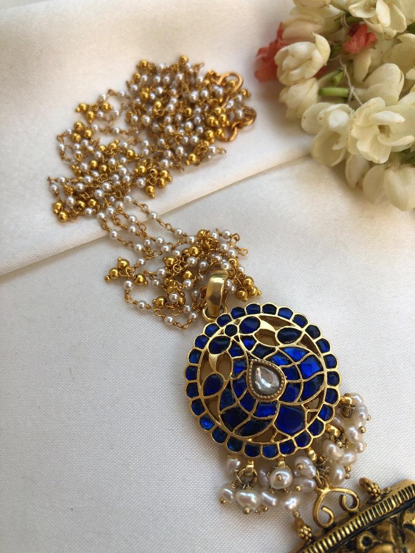 Antique polish peacock with kundan blue pendant with pearls chain-Silver Neckpiece-PL-House of Taamara