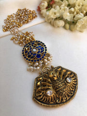 Antique polish peacock with kundan blue pendant with pearls chain-Silver Neckpiece-PL-House of Taamara