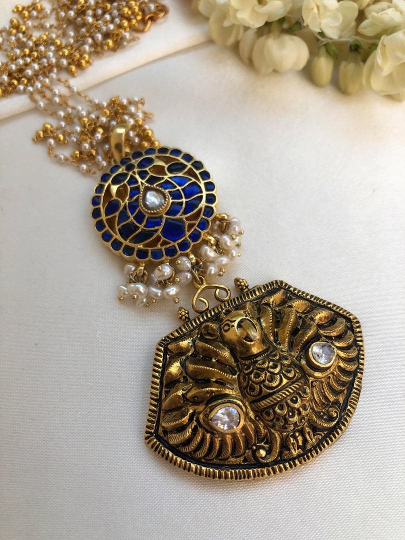 Antique polish peacock with kundan blue pendant with pearls chain-Silver Neckpiece-PL-House of Taamara