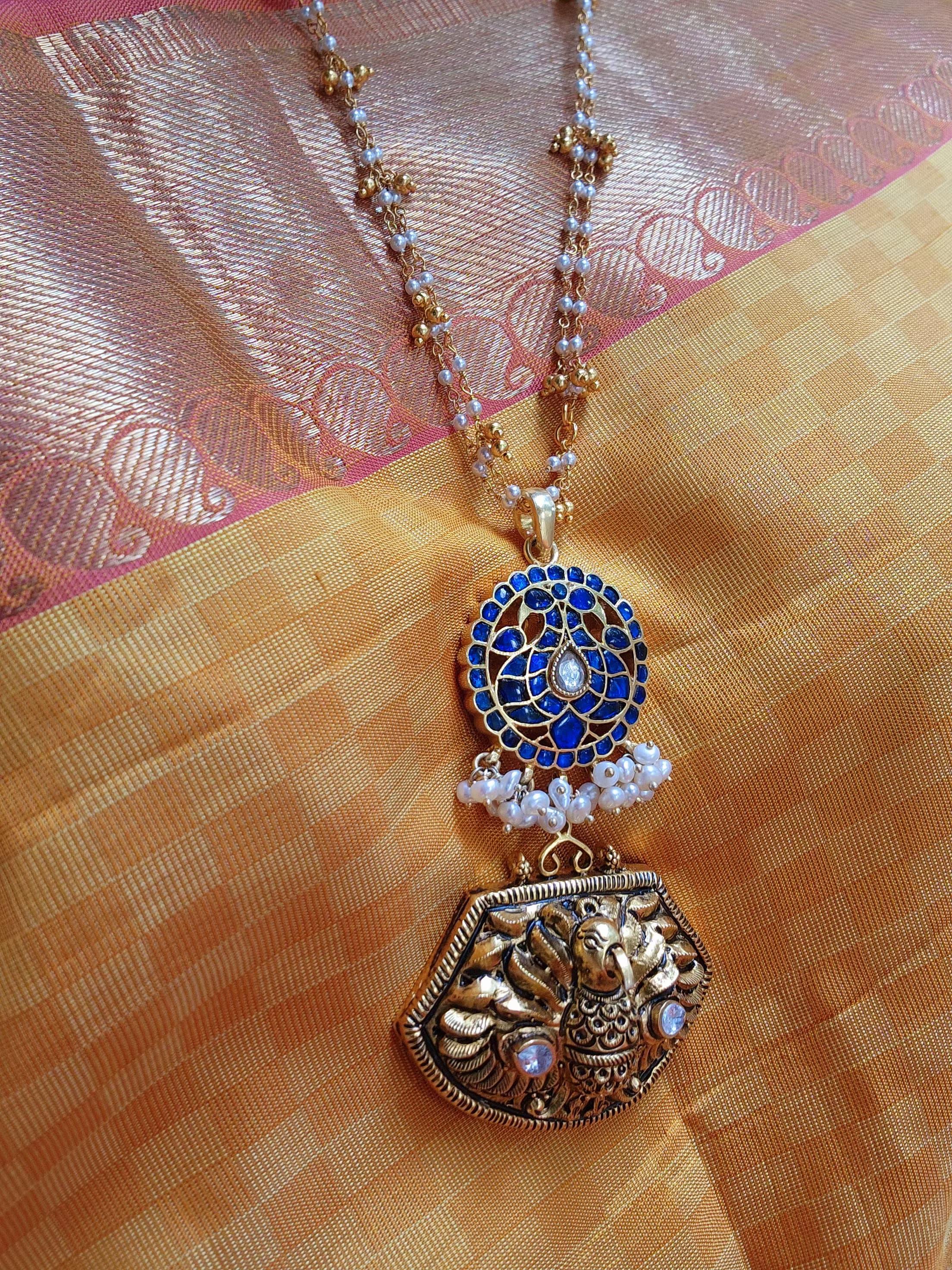 Antique polish peacock with kundan blue pendant with pearls chain-Silver Neckpiece-PL-House of Taamara