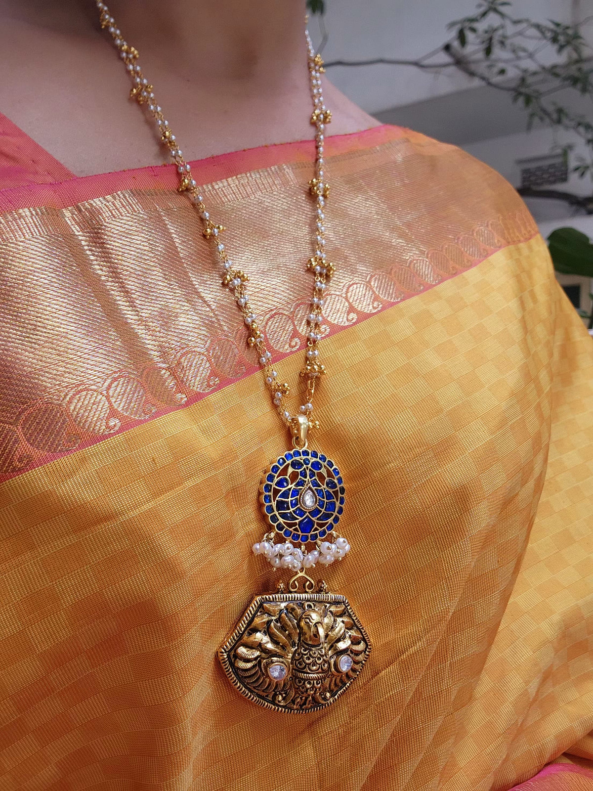 Antique polish peacock with kundan blue pendant with pearls chain-Silver Neckpiece-PL-House of Taamara