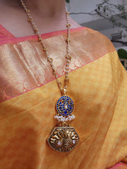 Antique polish peacock with kundan blue pendant with pearls chain-Silver Neckpiece-PL-House of Taamara